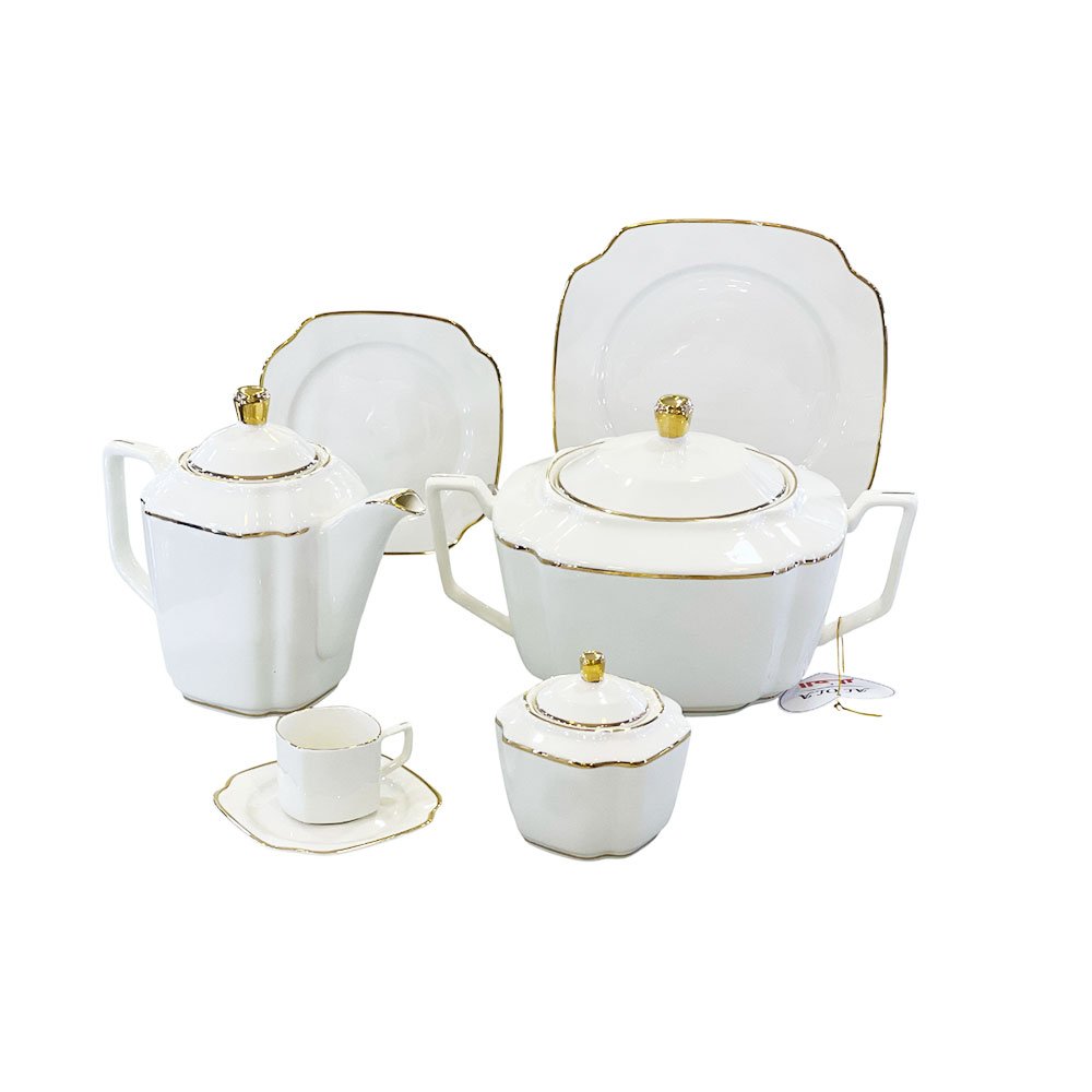60-Piece Luxury White Square Porcelain Dinner Set with Elegant Gold Trim for Fine Dining