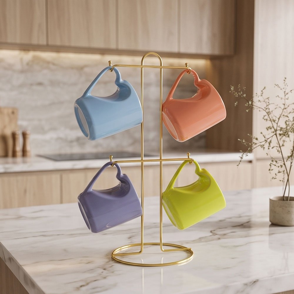 4-Piece Colorful Ceramic Mug Set with Gold Metal Countertop Display Stand - Image 9