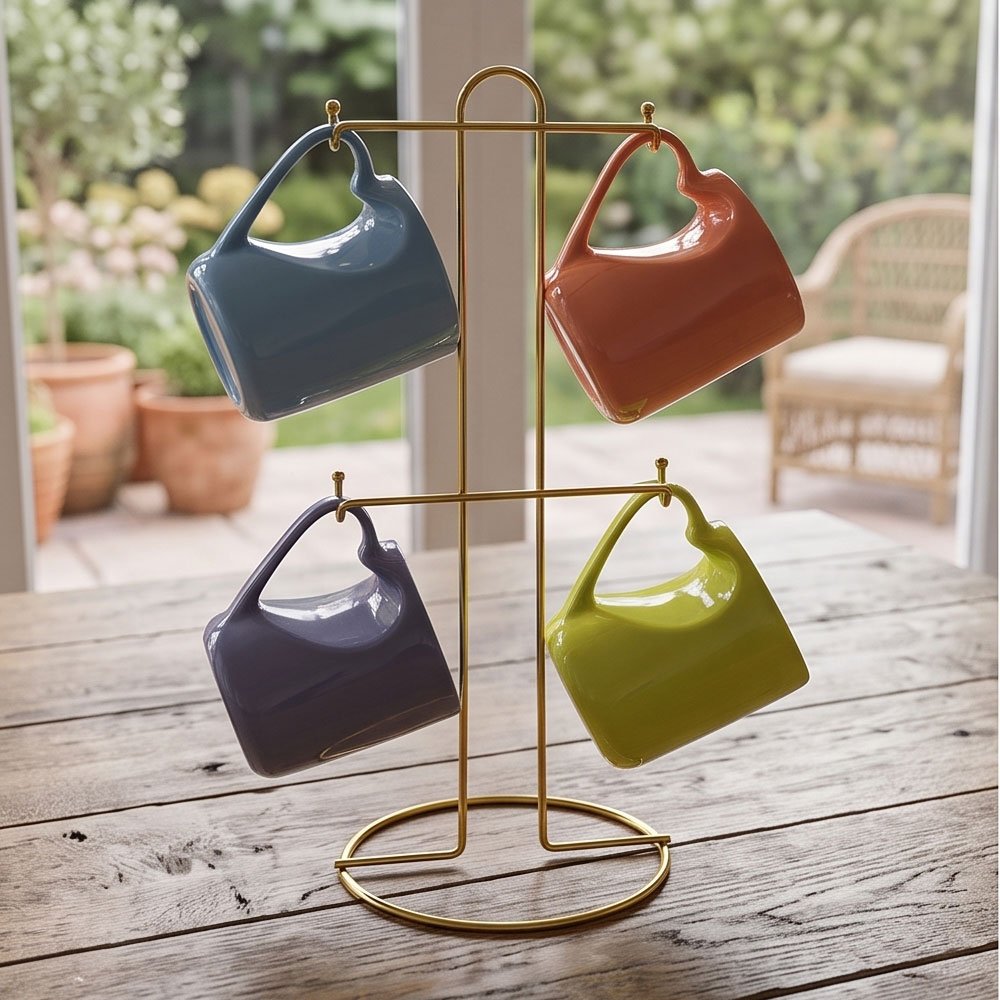 4-Piece Colorful Ceramic Mug Set with Gold Metal Countertop Display Stand - Image 10