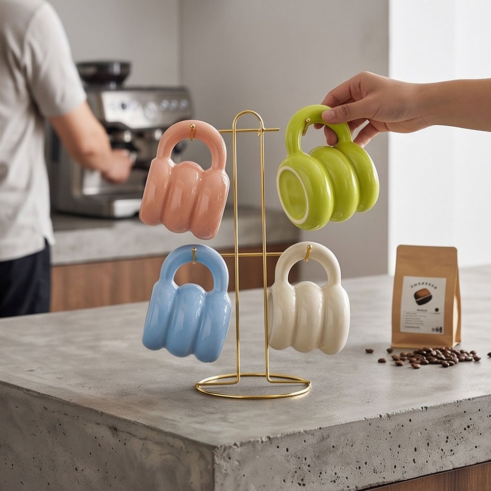 4-Piece Colorful Ceramic Mug Set with Gold Metal Countertop Display Stand - Image 2