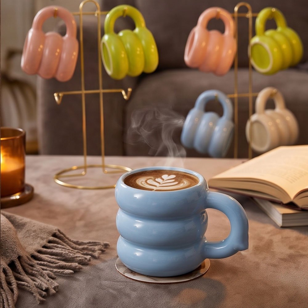 4-Piece Colorful Ceramic Mug Set with Gold Metal Countertop Display Stand - Image 3