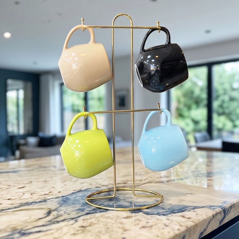 4-Piece Colorful Ceramic Mug Set with Gold Metal Countertop Display Stand - Image 5