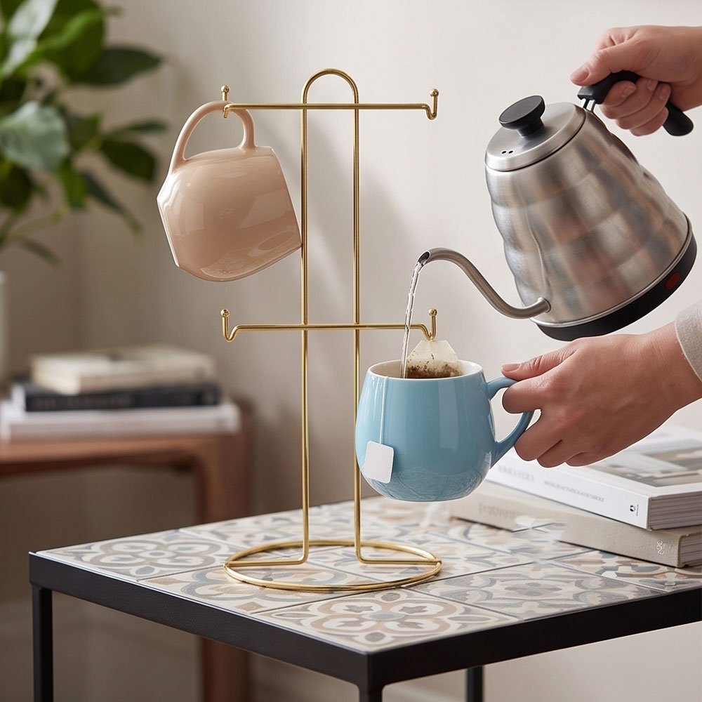 4-Piece Colorful Ceramic Mug Set with Gold Metal Countertop Display Stand - Image 6