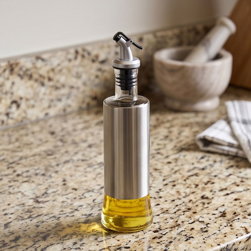 Glass Oil Dispenser Bottle with Stainless Steel Cover and Drip Free Pour Spout