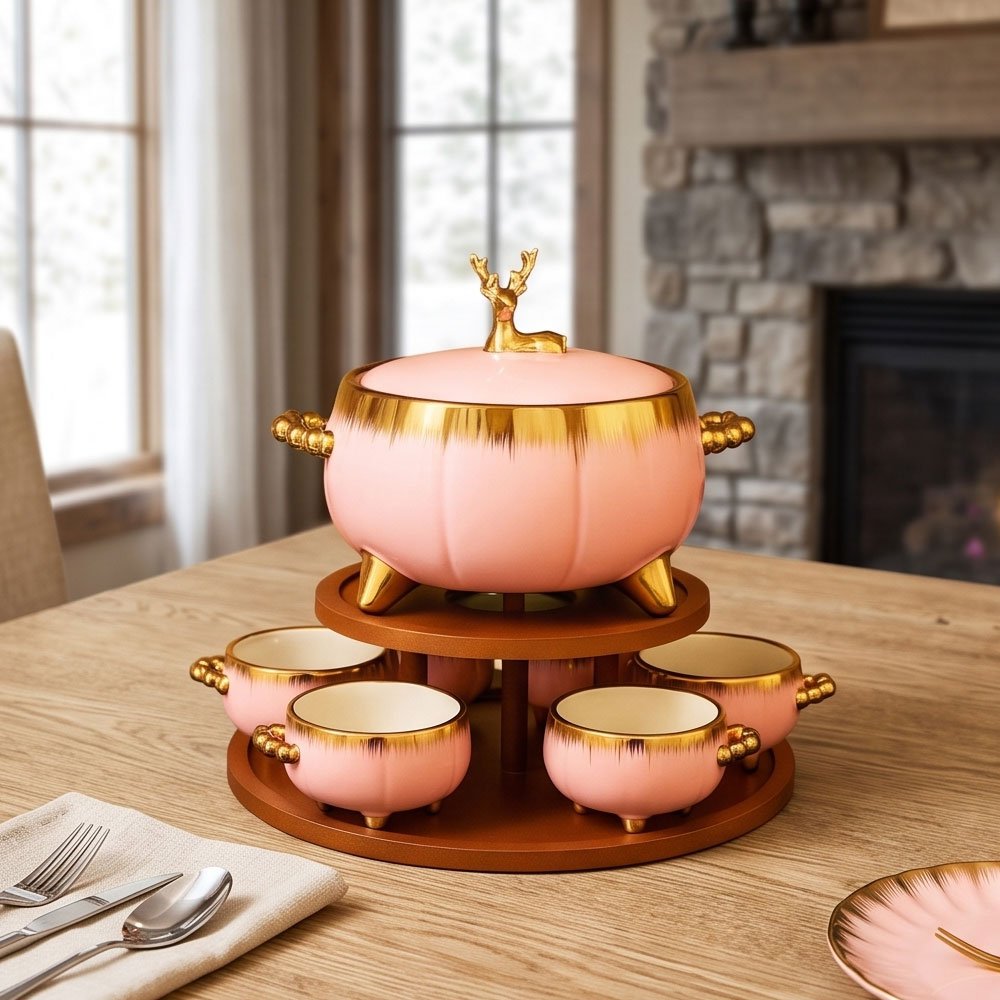 Luxury Pink Porcelain Soup Set with Deer Lid Tureen and Bamboo Wood Stand for Fine Hosting - Image 3