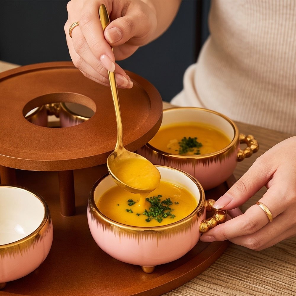 Luxury Pink Porcelain Soup Set with Deer Lid Tureen and Bamboo Wood Stand for Fine Hosting - Image 4