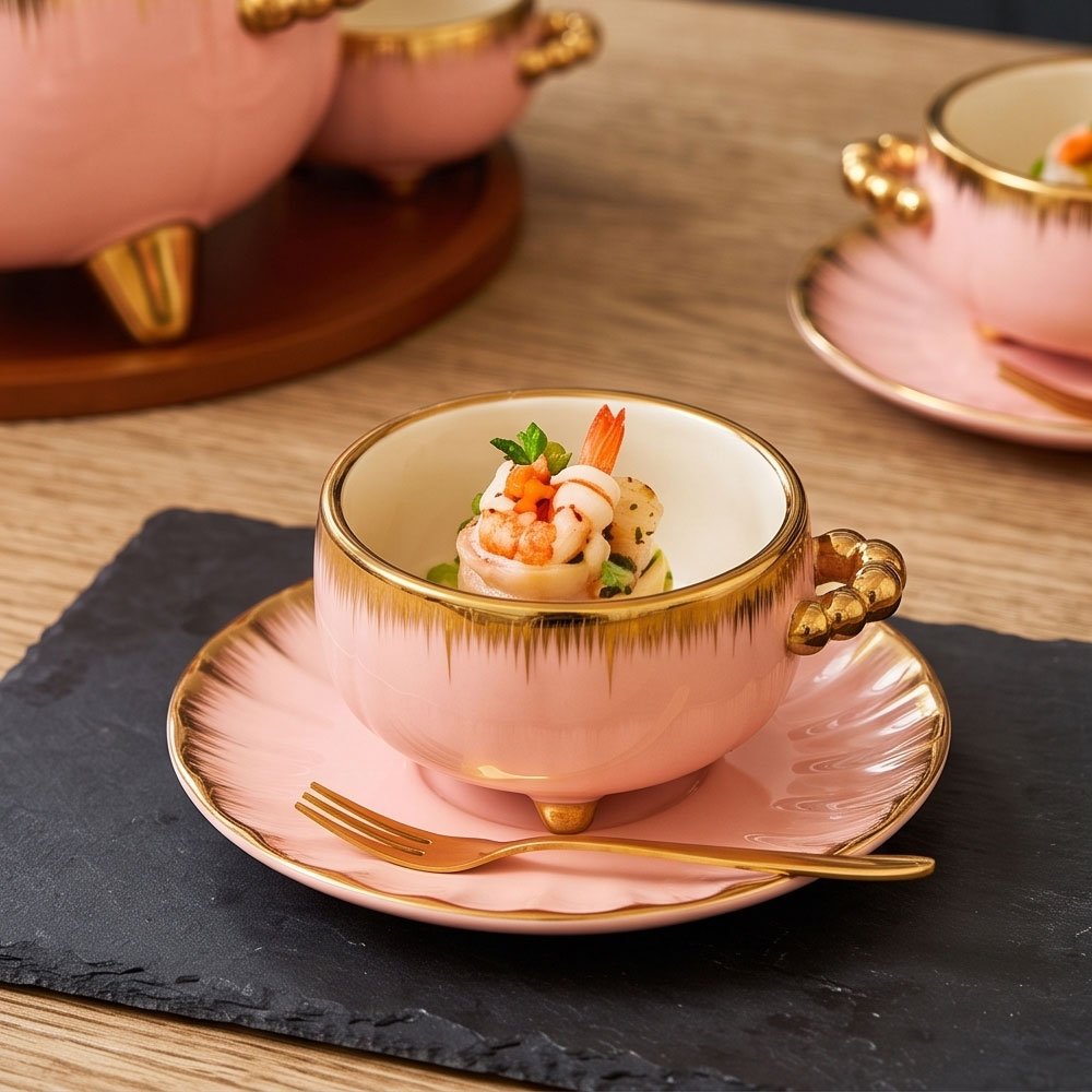 Luxury Pink Porcelain Soup Set with Deer Lid Tureen and Bamboo Wood Stand for Fine Hosting - Image 5