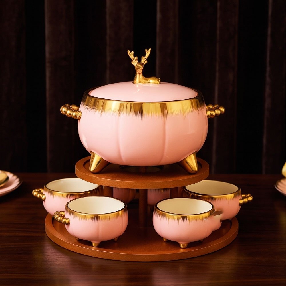 Luxury Pink Porcelain Soup Set with Deer Lid Tureen and Bamboo Wood Stand for Fine Hosting - Image 2