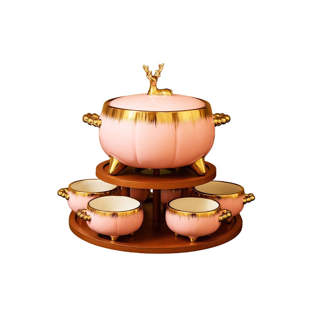 Luxury Pink Porcelain Soup Set with Deer Lid Tureen and Bamboo Wood Stand for Fine Hosting