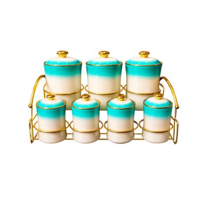 7-Piece Luxury Ceramic Spice Jar Set with Two-Tone Gradient Lustre Finish and Golden Metal Rack