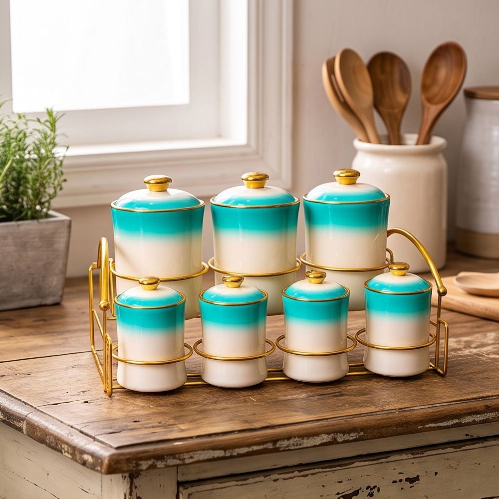 7-Piece Luxury Ceramic Spice Jar Set with Two-Tone Gradient Lustre Finish and Golden Metal Rack - Image 3