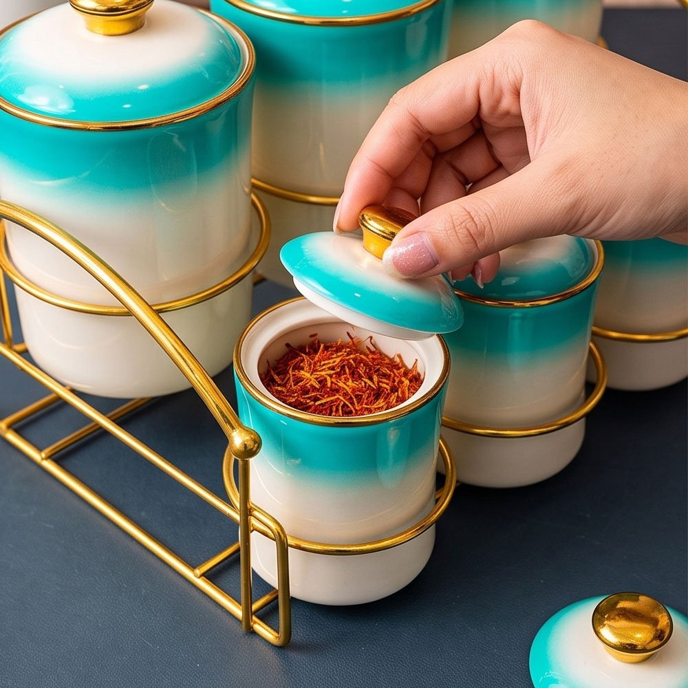 7-Piece Luxury Ceramic Spice Jar Set with Two-Tone Gradient Lustre Finish and Golden Metal Rack - Image 4