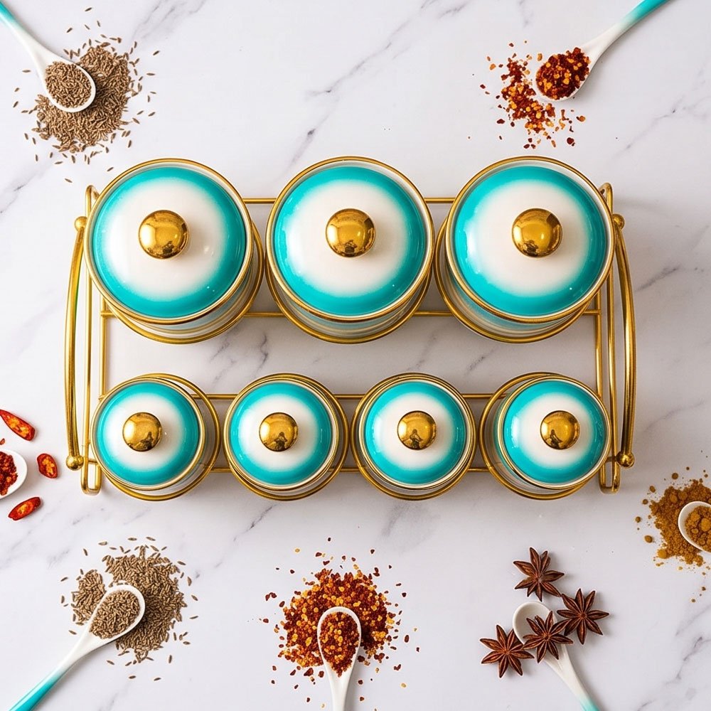 7-Piece Luxury Ceramic Spice Jar Set with Two-Tone Gradient Lustre Finish and Golden Metal Rack - Image 2