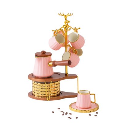 Luxury Pink Porcelain Coffee Set with Wooden Handle Pot, Golden Saucers, and Deer Stand