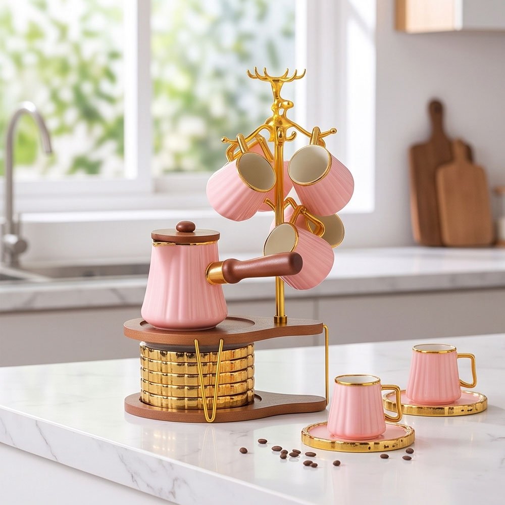 Luxury Pink Porcelain Coffee Set with Wooden Handle Pot, Golden Saucers, and Deer Stand - Image 5
