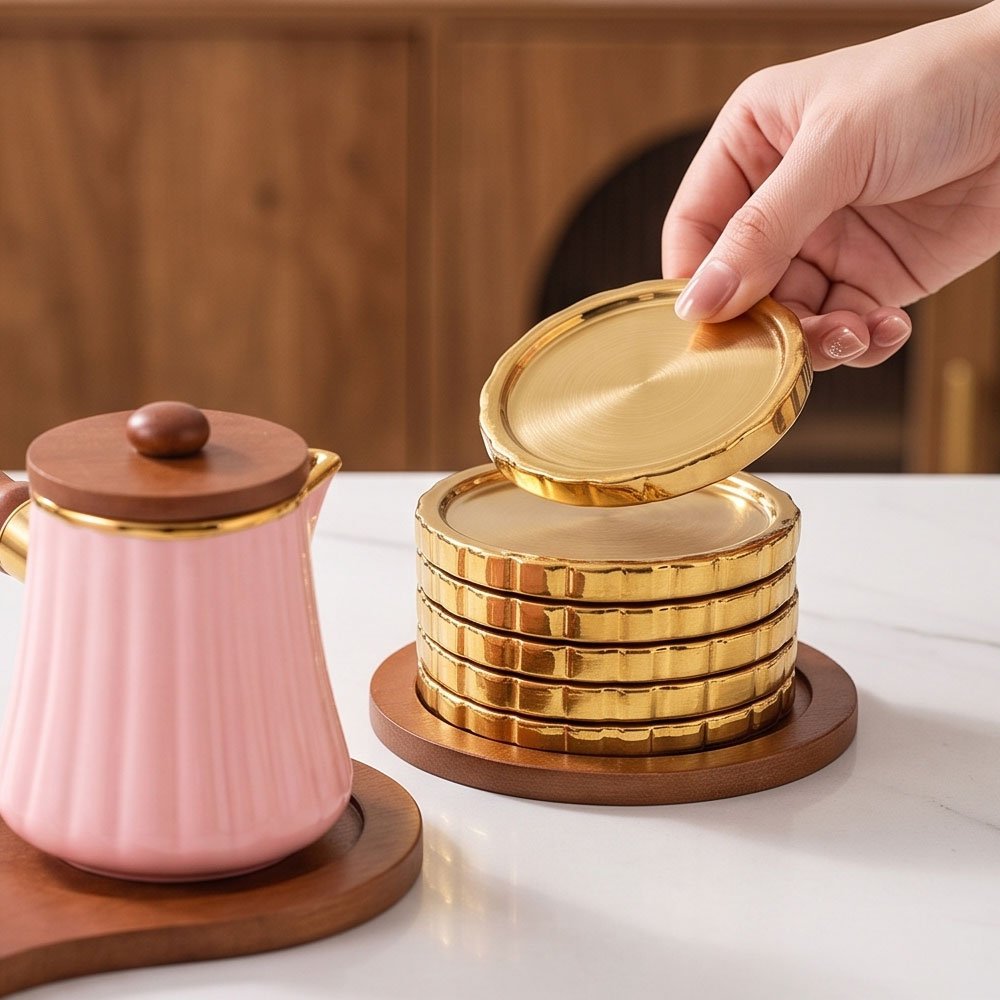 Luxury Pink Porcelain Coffee Set with Wooden Handle Pot, Golden Saucers, and Deer Stand - Image 2