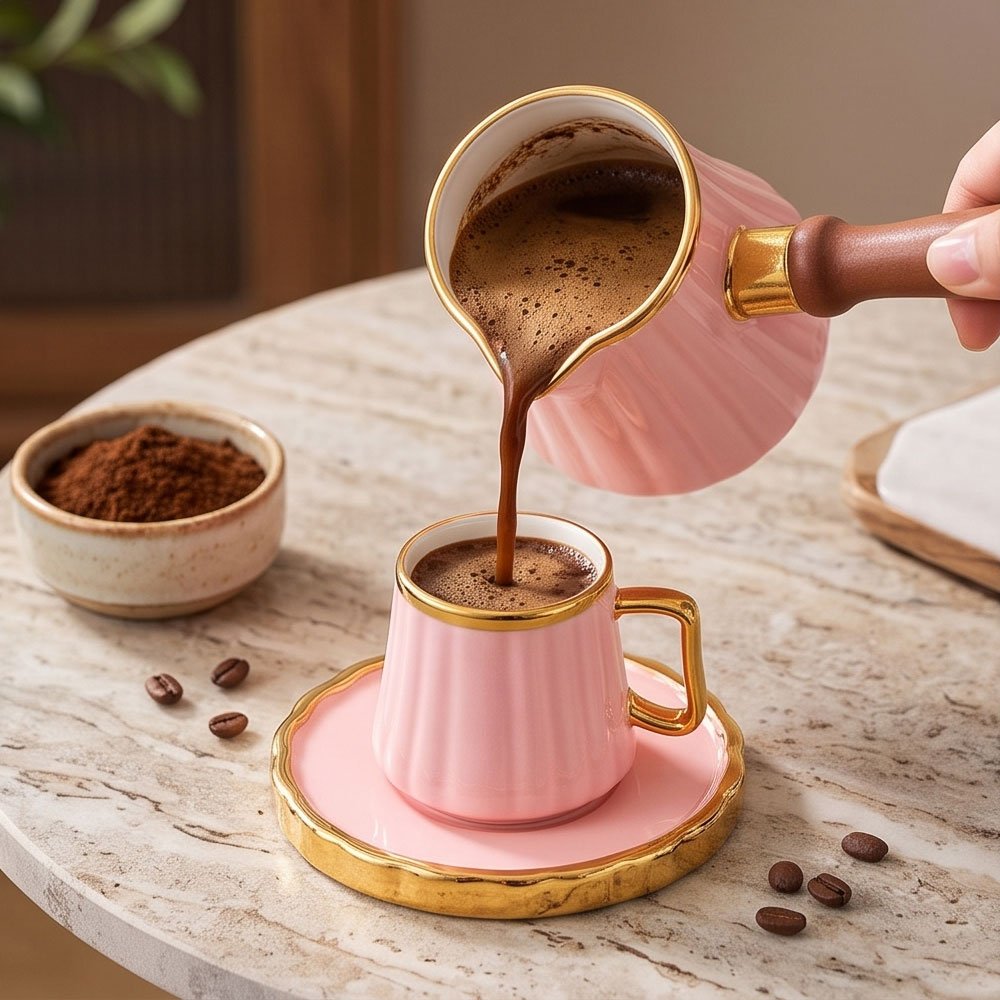 Luxury Pink Porcelain Coffee Set with Wooden Handle Pot, Golden Saucers, and Deer Stand - Image 3