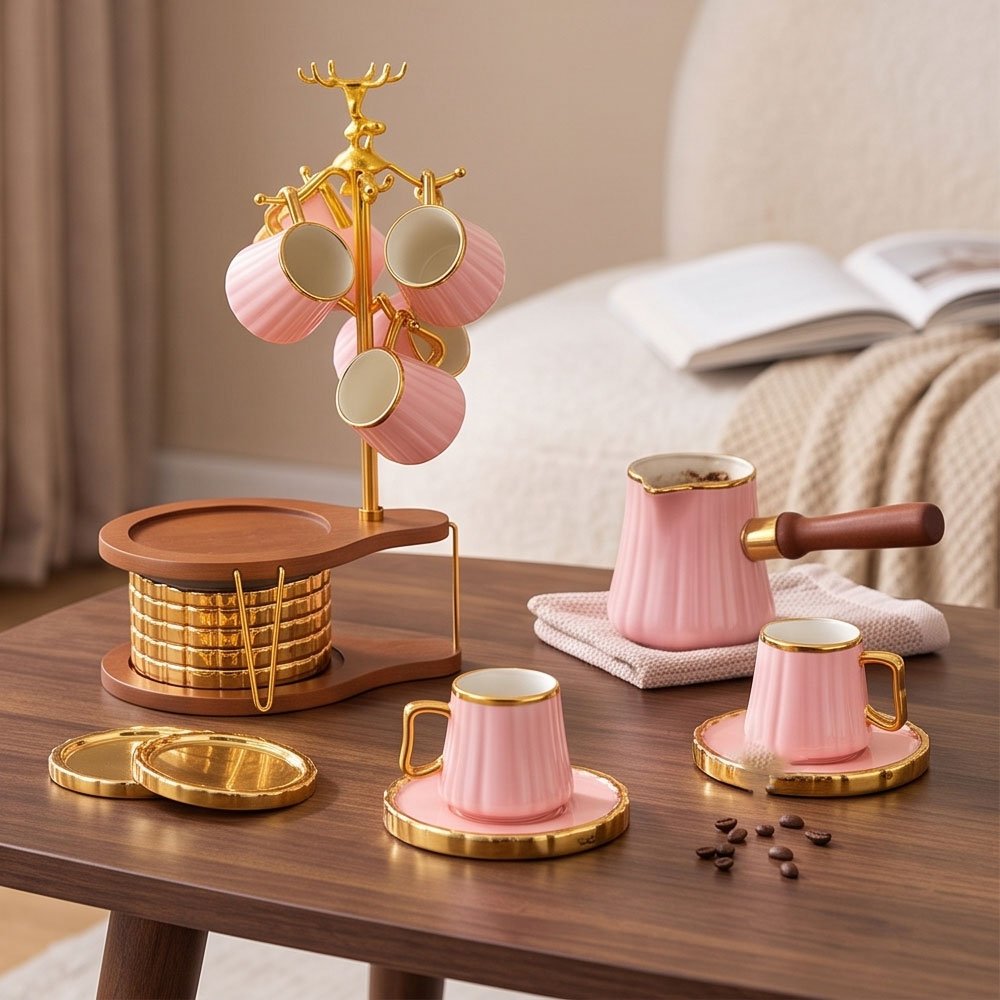 Luxury Pink Porcelain Coffee Set with Wooden Handle Pot, Golden Saucers, and Deer Stand - Image 4