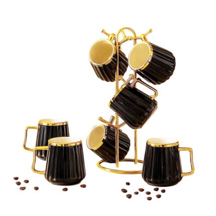 6-in-1 Black Fluted Coffee Mug Set with Golden Handles, Rim Accents, and Luxury Metal Stand