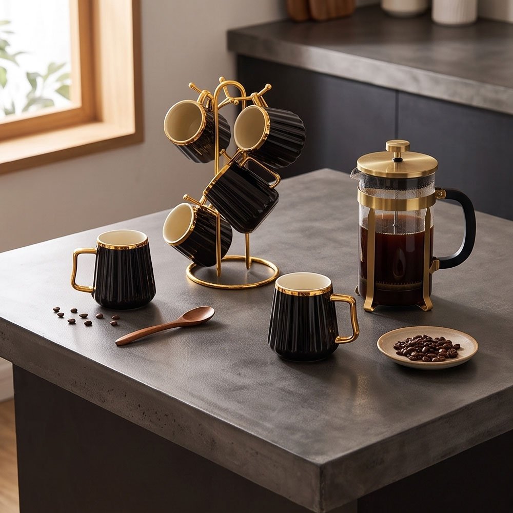 6-in-1 Black Fluted Coffee Mug Set with Golden Handles, Rim Accents, and Luxury Metal Stand - Image 5