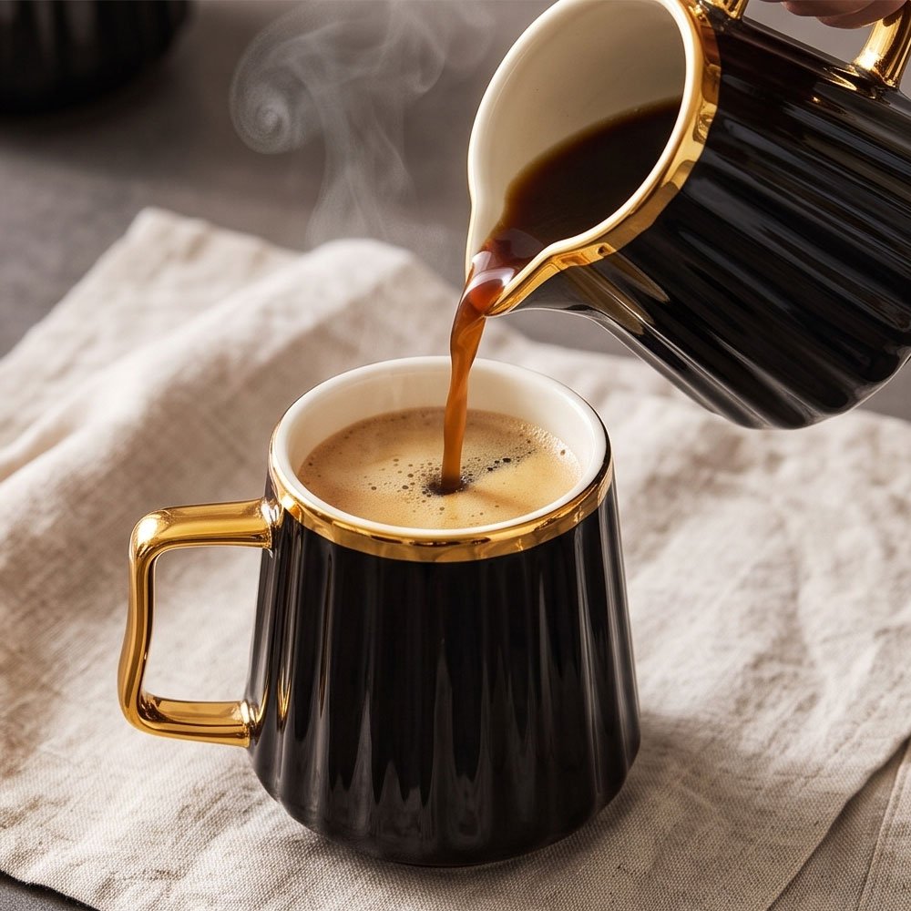 6-in-1 Black Fluted Coffee Mug Set with Golden Handles, Rim Accents, and Luxury Metal Stand - Image 2