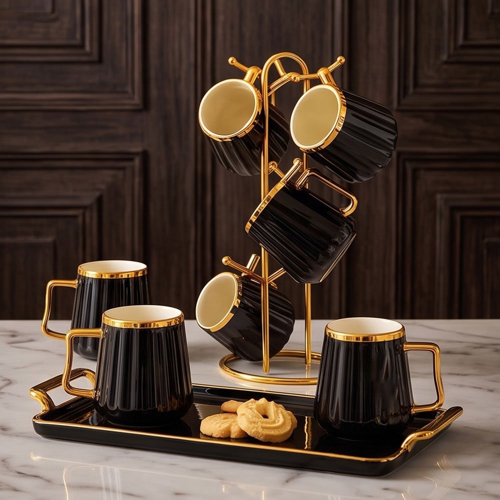6-in-1 Black Fluted Coffee Mug Set with Golden Handles, Rim Accents, and Luxury Metal Stand - Image 4