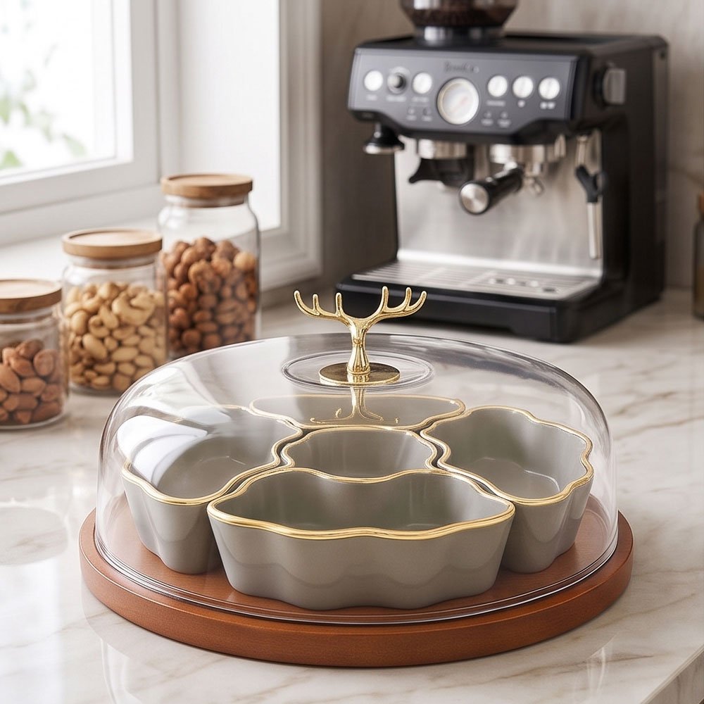 Round Sectioned Candy and Snack Dish with Clear Lid, Golden Deer Handle, and Wooden Base - Image 5