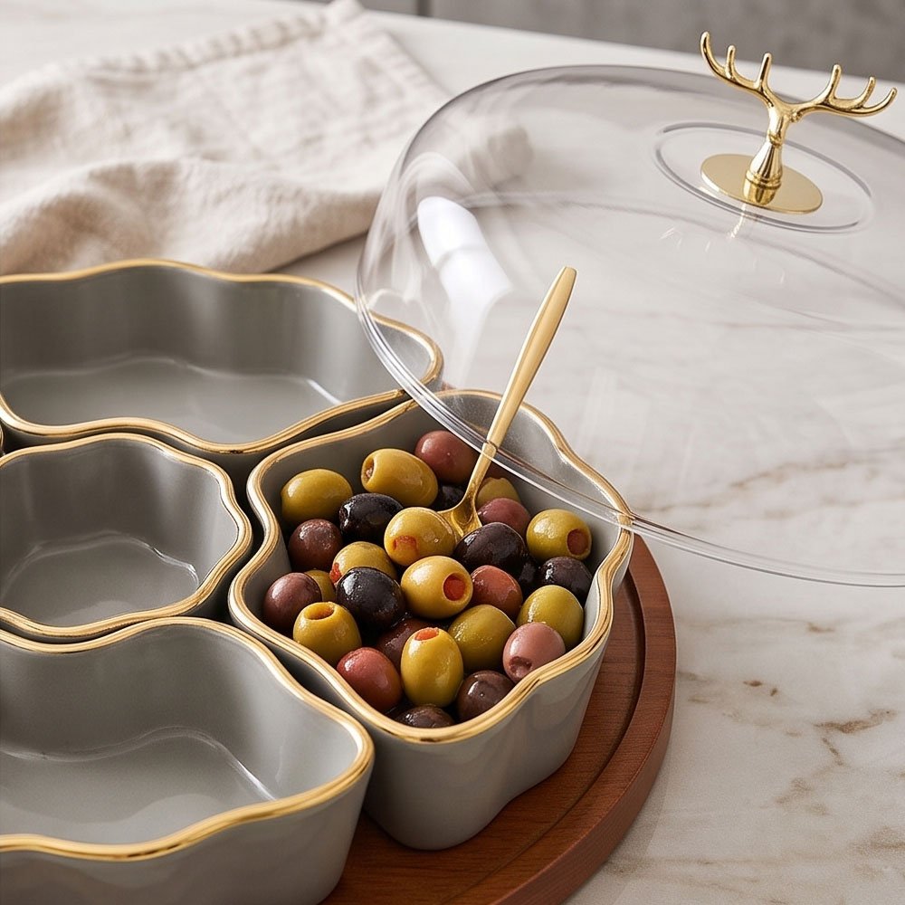 Round Sectioned Candy and Snack Dish with Clear Lid, Golden Deer Handle, and Wooden Base - Image 2