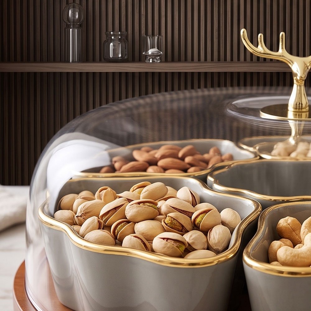 Round Sectioned Candy and Snack Dish with Clear Lid, Golden Deer Handle, and Wooden Base - Image 3