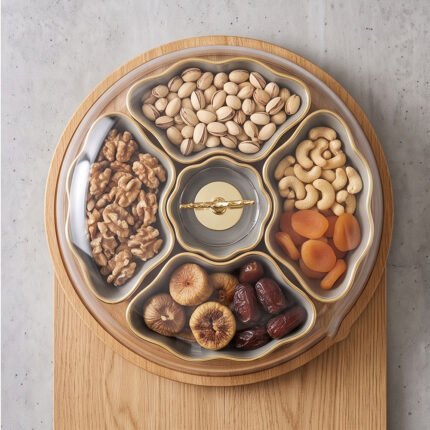 Round Sectioned Candy and Snack Dish with Clear Lid, Golden Deer Handle, and Wooden Base