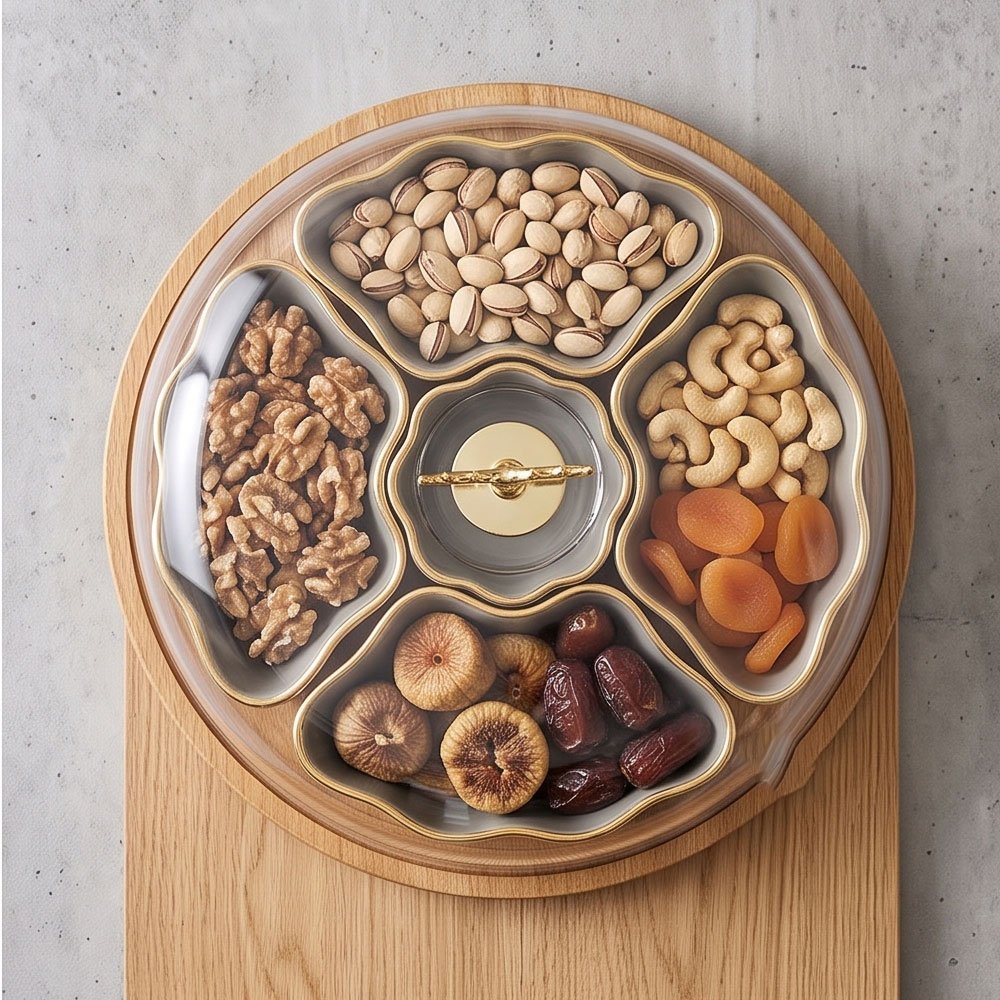 Round Sectioned Candy and Snack Dish with Clear Lid, Golden Deer Handle, and Wooden Base