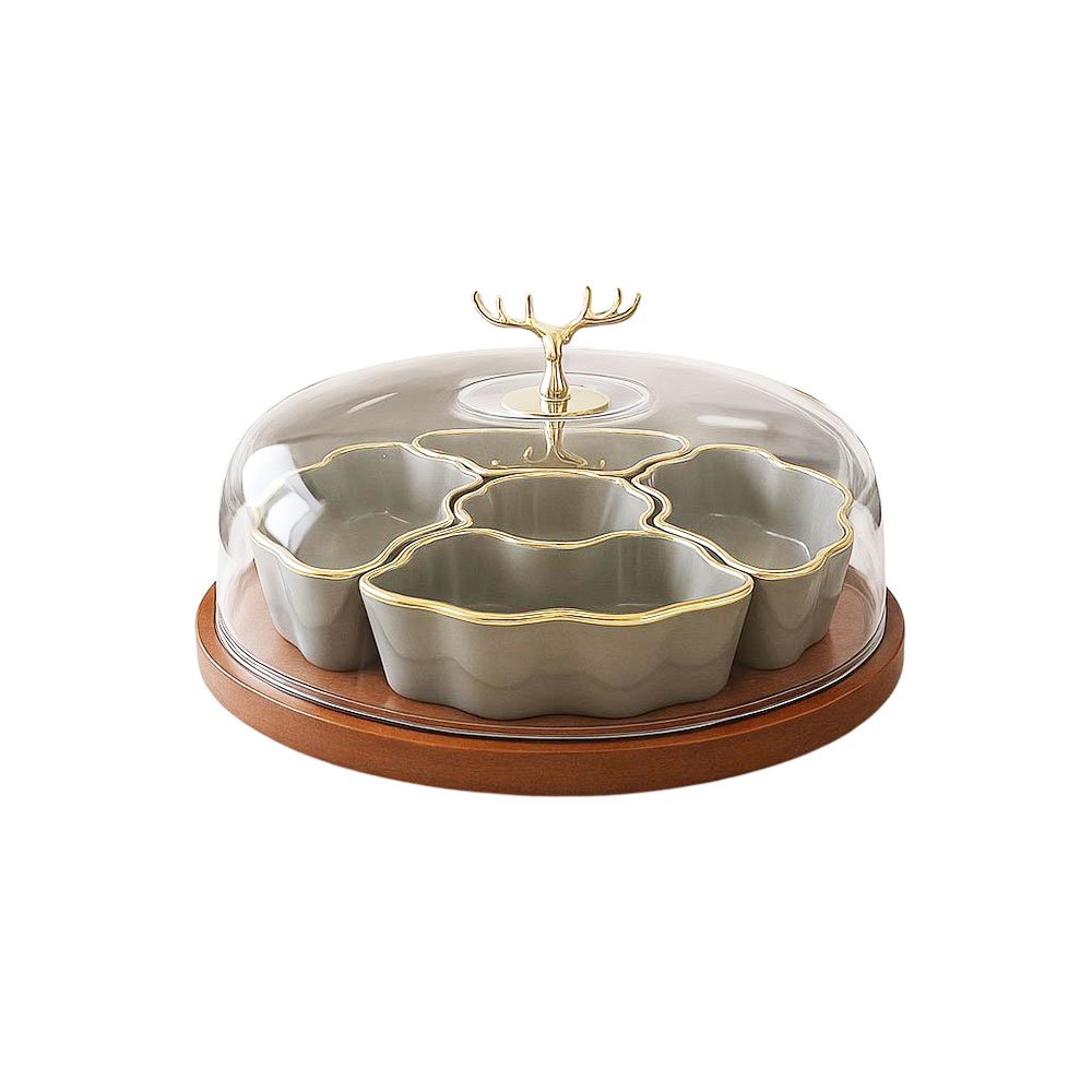 Round Sectioned Candy and Snack Dish with Clear Lid, Golden Deer Handle, and Wooden Base - Image 4