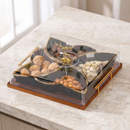 Square Sectioned Black Candy and Snack Dish with Gold Rims, Clear Lid, Deer Handle, and Wood Base