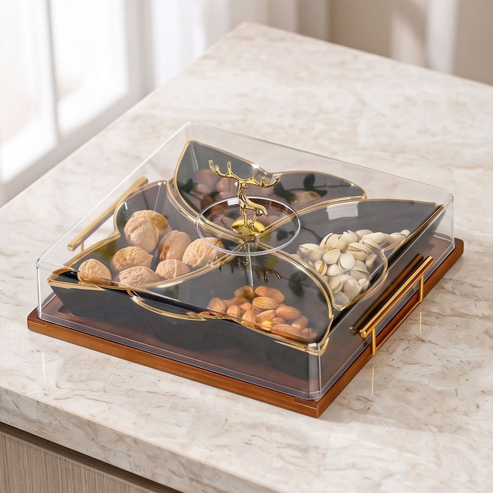 Square Sectioned Black Candy and Snack Dish with Gold Rims, Clear Lid, Deer Handle, and Wood Base