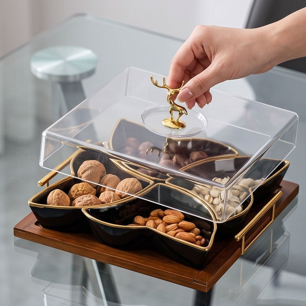 Square Sectioned Black Candy and Snack Dish with Gold Rims, Clear Lid, Deer Handle, and Wood Base - Image 2