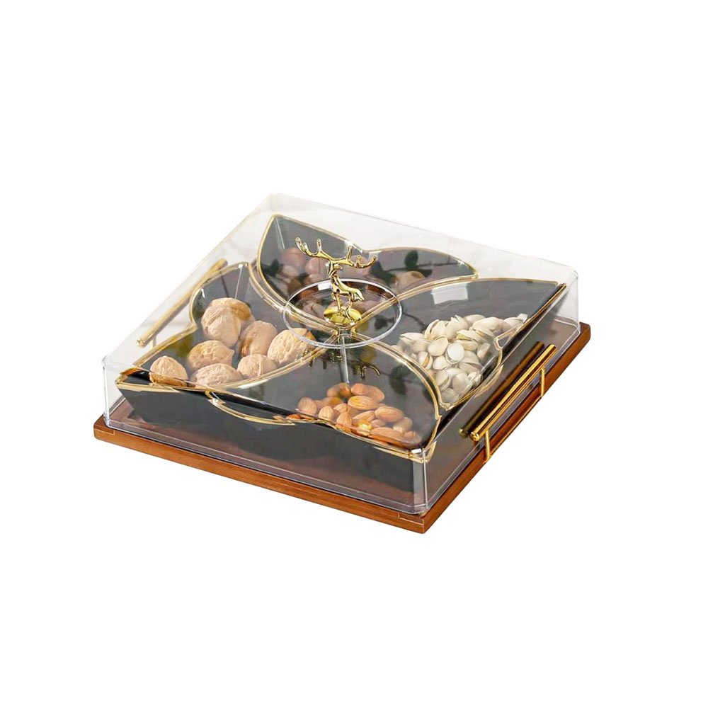 Square Sectioned Black Candy and Snack Dish with Gold Rims, Clear Lid, Deer Handle, and Wood Base - Image 5