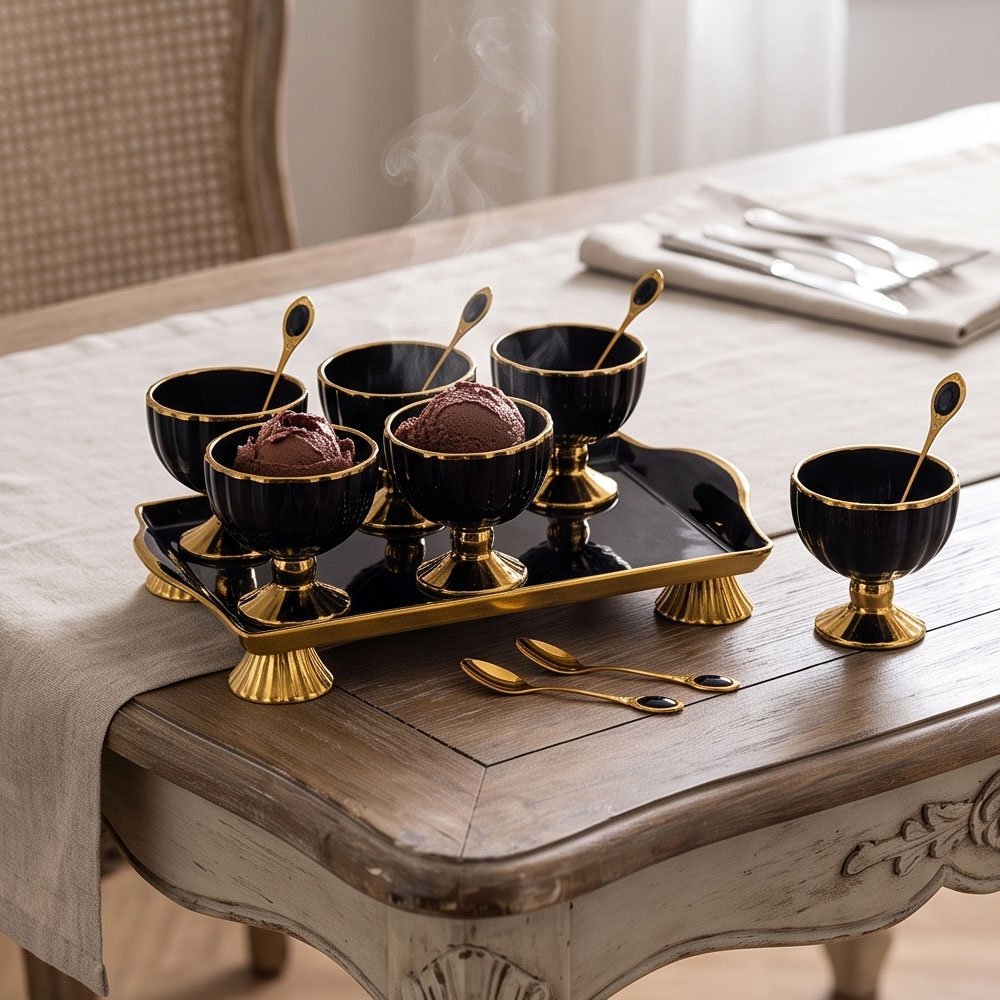 Luxury 13-Piece Black and Gold Jelly and Ice Cream Set with 6 Bowls, 6 Spoons, and Serving Tray - Image 5