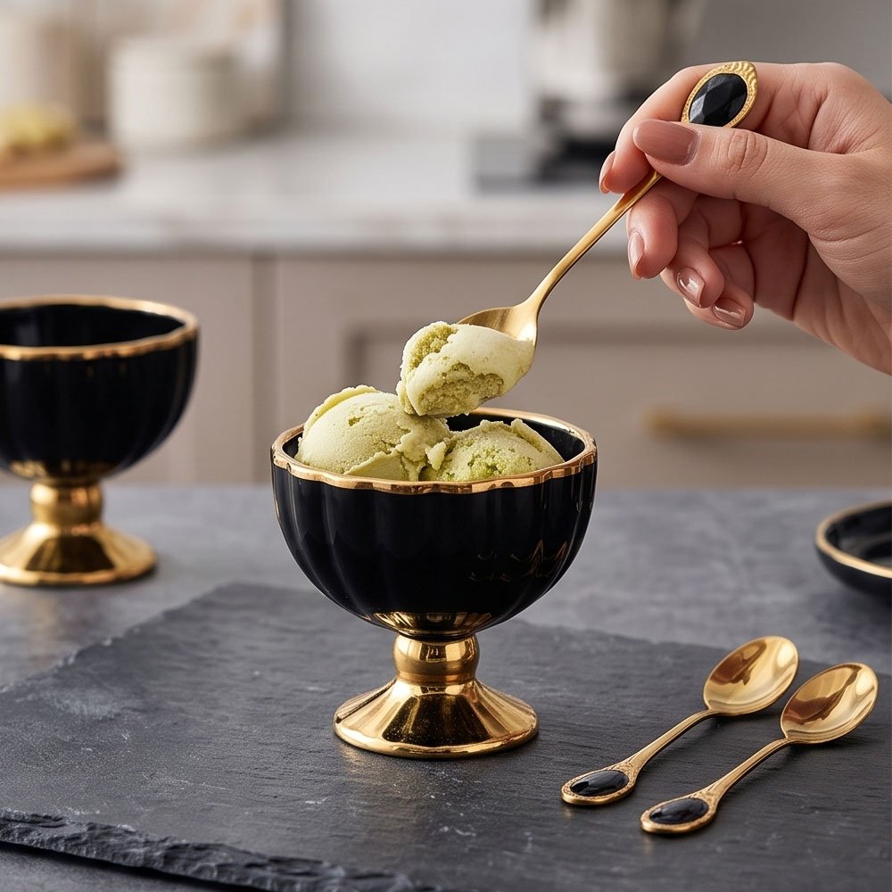 Luxury 13-Piece Black and Gold Jelly and Ice Cream Set with 6 Bowls, 6 Spoons, and Serving Tray - Image 2