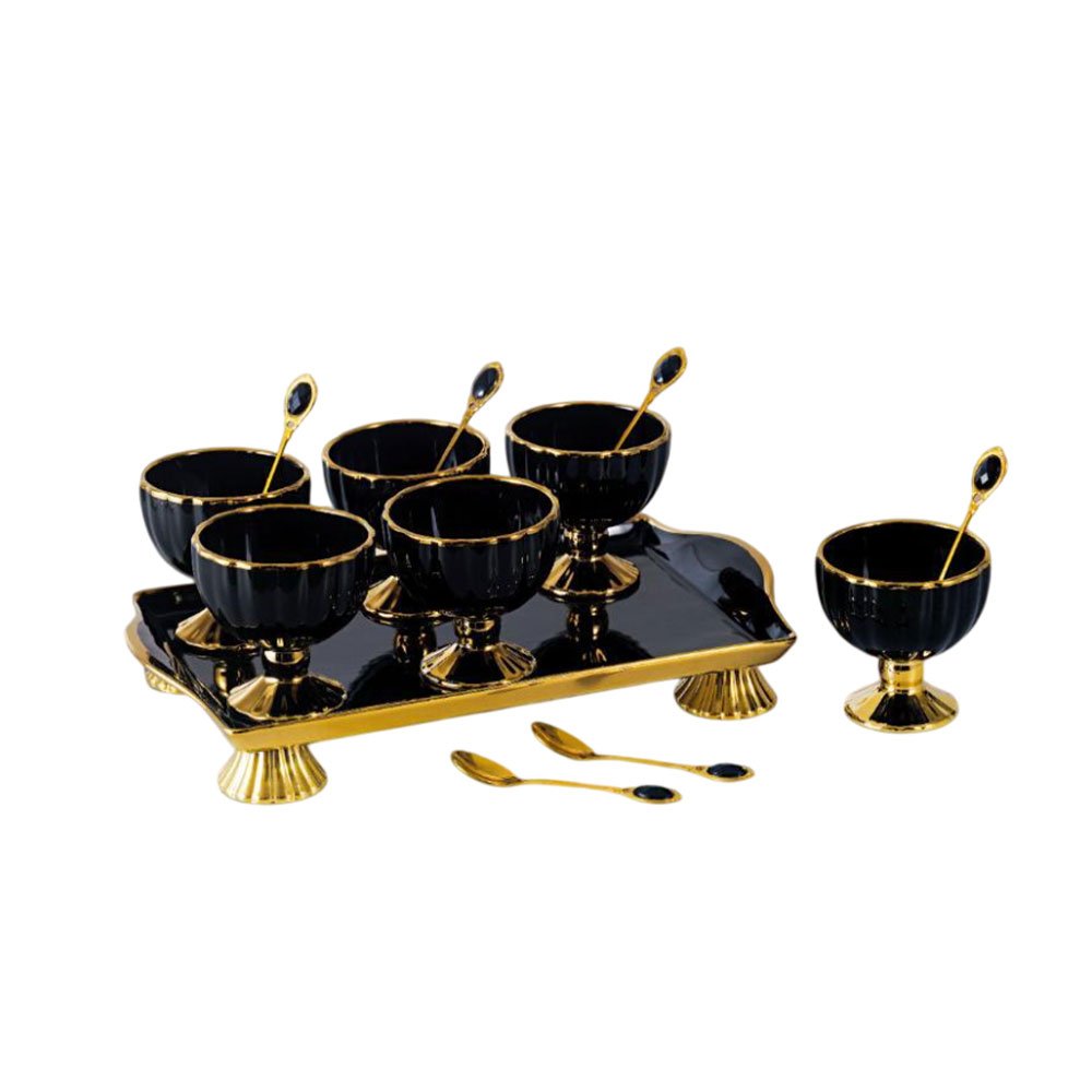 Luxury 13-Piece Black and Gold Jelly and Ice Cream Set with 6 Bowls, 6 Spoons, and Serving Tray