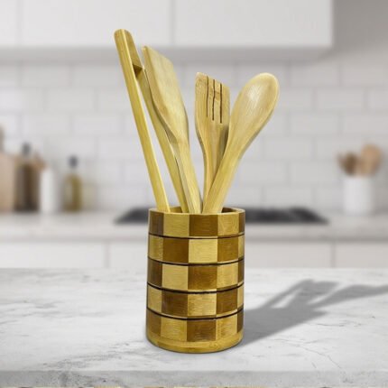 5 Piece Natural Bamboo Cooking Utensil Set with Checkered Holder Stand
