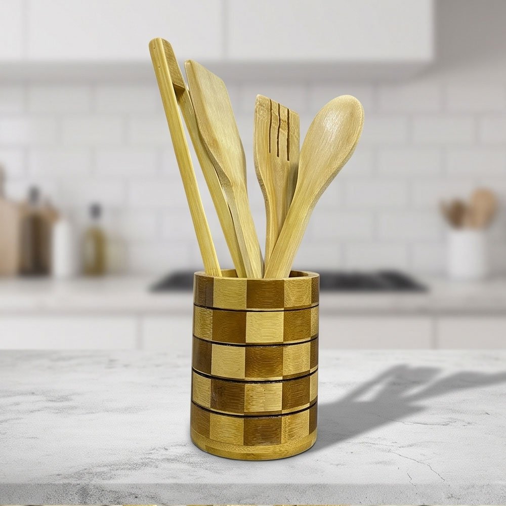 5 Piece Natural Bamboo Cooking Utensil Set with Checkered Holder Stand