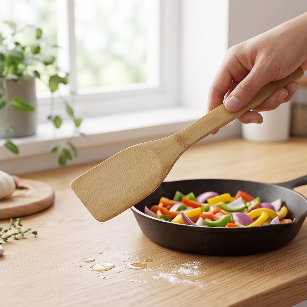5 Piece Natural Bamboo Cooking Utensil Set with Checkered Holder Stand - Image 2