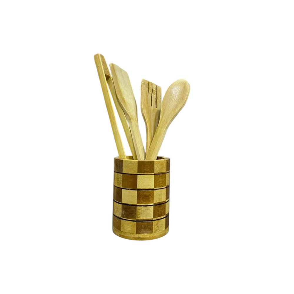 5 Piece Natural Bamboo Cooking Utensil Set with Checkered Holder Stand - Image 4