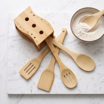 5 Piece Natural Bamboo Cooking Utensil Set with Wave Design Wooden Stand Holder