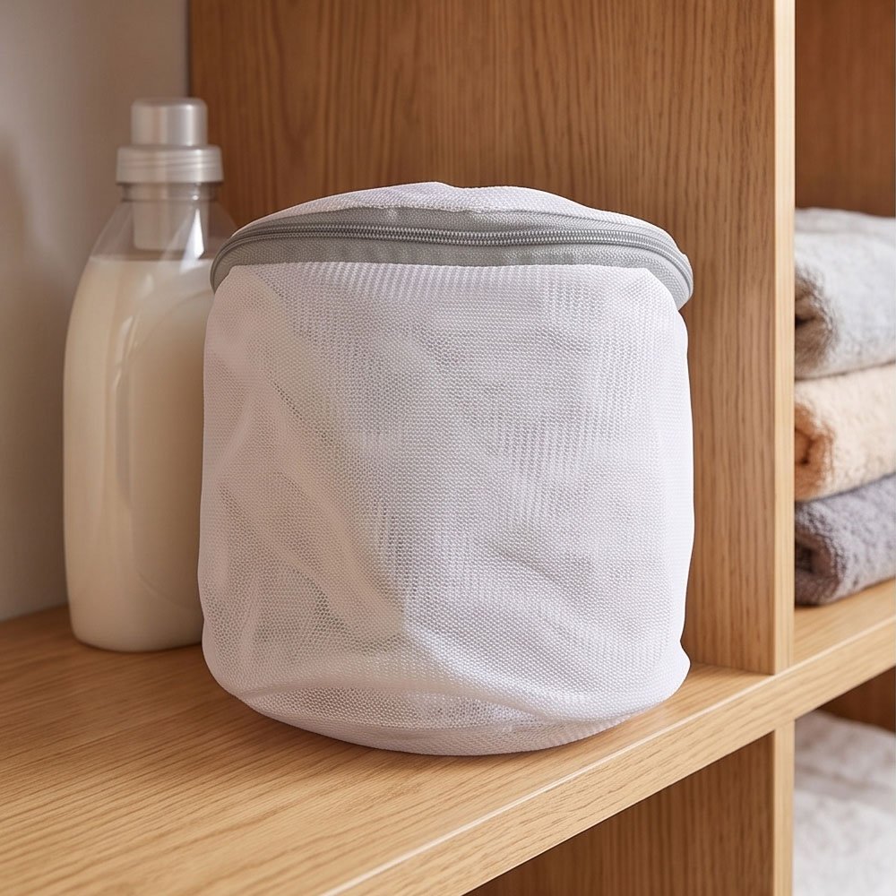 Cylindrical Mesh Laundry Wash Bag with Zipper for Delicates & Underwear