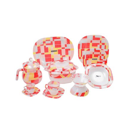 58-Piece Square Arcopal Dinner Set with Modern Geometric Red, Yellow, and Pink Pattern