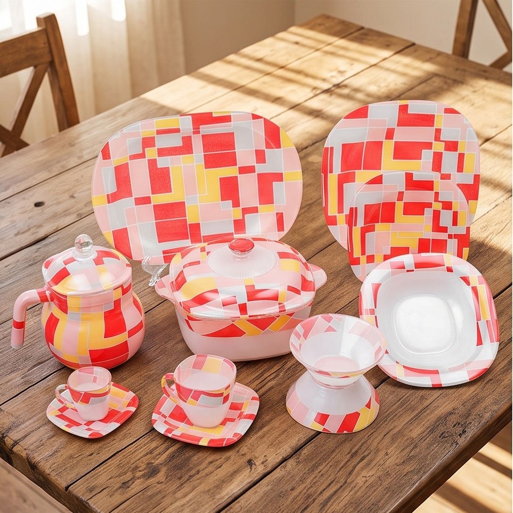58-Piece Square Arcopal Dinner Set with Modern Geometric Red, Yellow, and Pink Pattern - Image 4