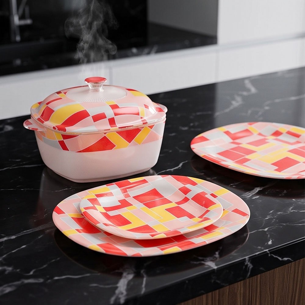 58-Piece Square Arcopal Dinner Set with Modern Geometric Red, Yellow, and Pink Pattern - Image 5