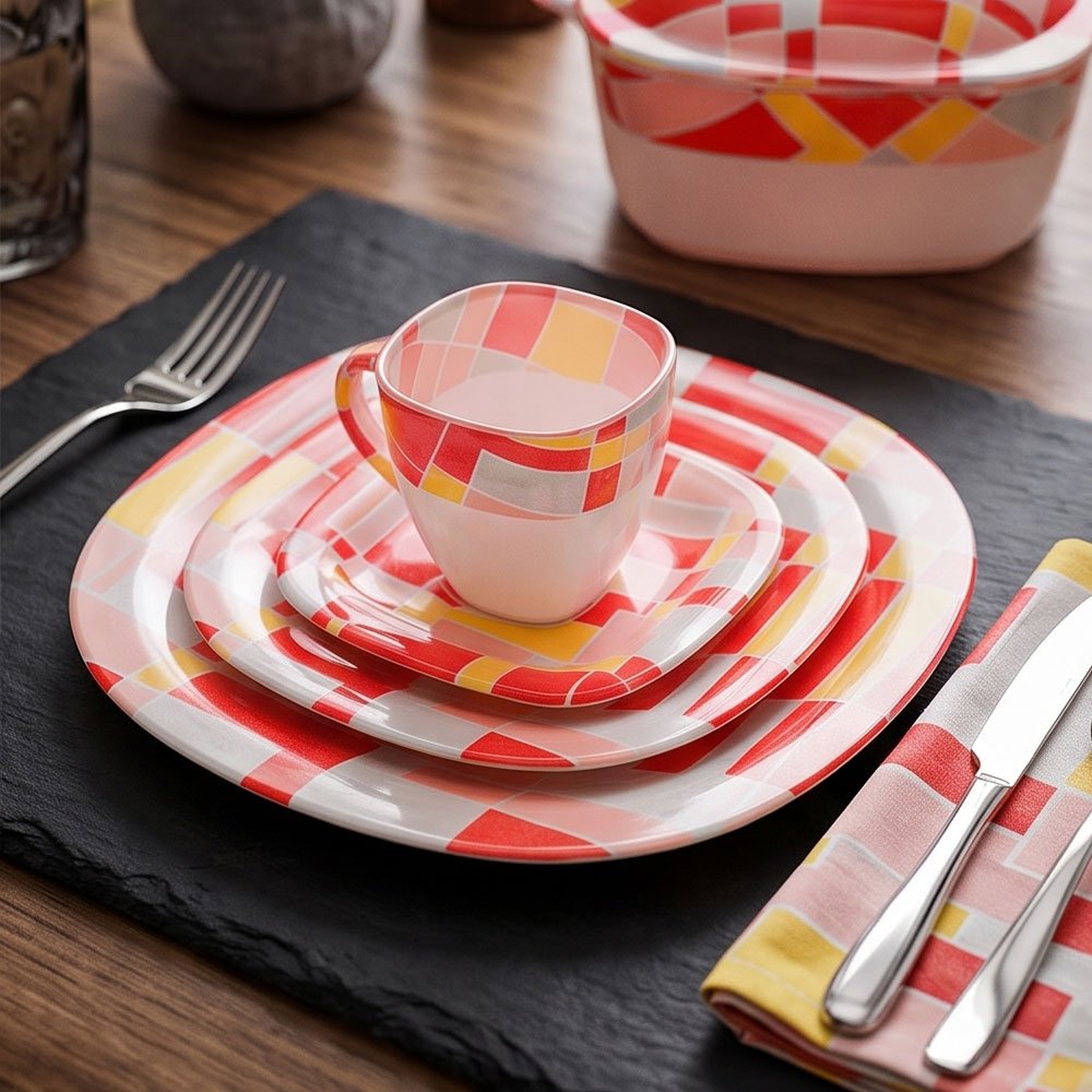 58-Piece Square Arcopal Dinner Set with Modern Geometric Red, Yellow, and Pink Pattern - Image 2