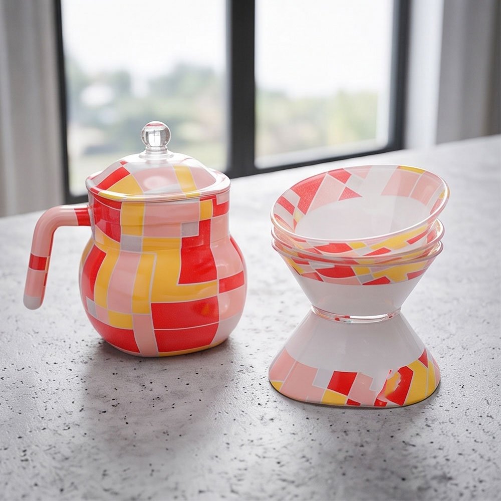 58-Piece Square Arcopal Dinner Set with Modern Geometric Red, Yellow, and Pink Pattern - Image 3